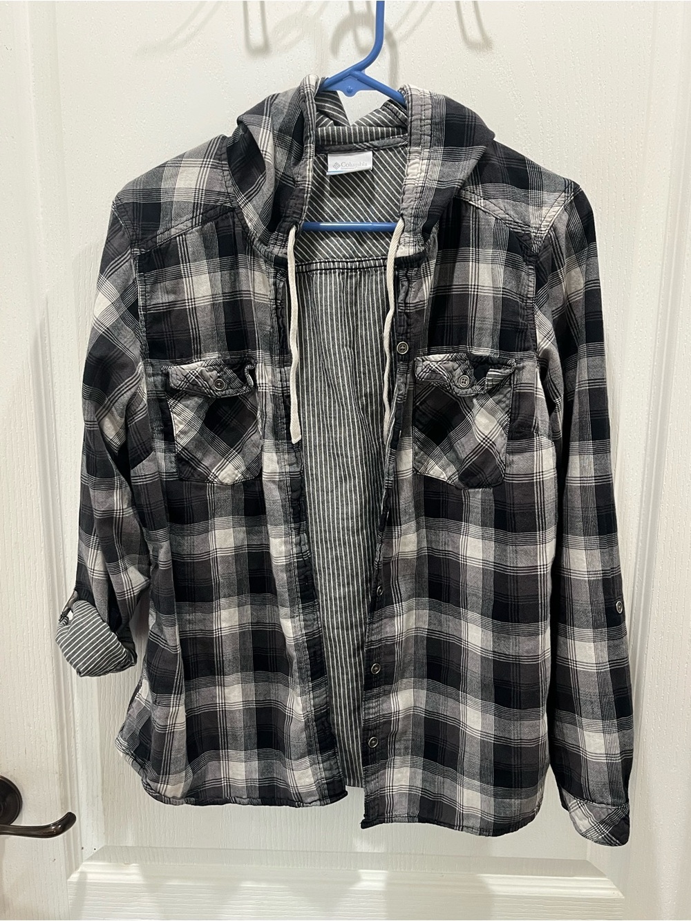 Womens Hooded Plaid Flannel Shirt Jacket - Black & Gray Columbia XL